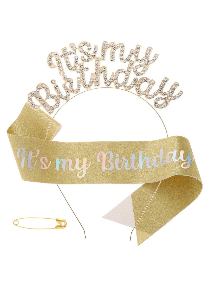 Birthday Sash & Crown for Women - Tiara Headband, Girls' Decorations Accessories,Gold White Rhinestone Birthday Tiara & Crowns for Women & Girls - Image 1