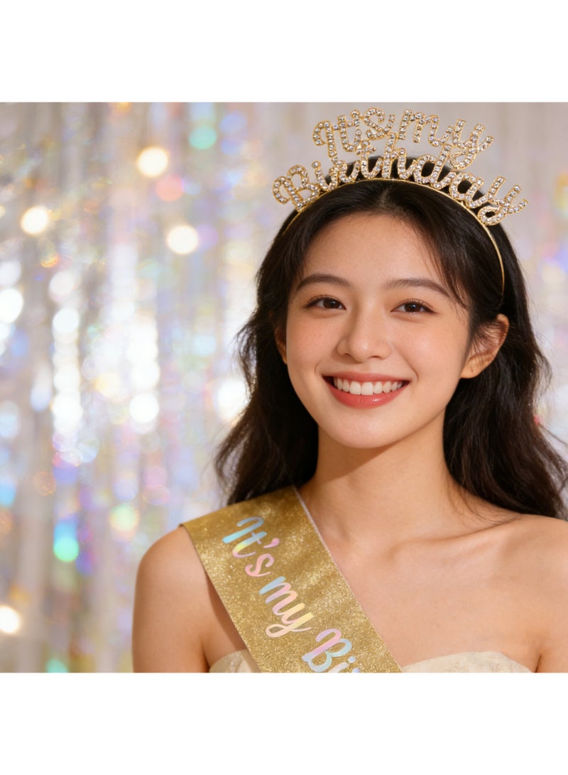 Birthday Sash & Crown for Women - Tiara Headband, Girls' Decorations Accessories,Gold White Rhinestone Birthday Tiara & Crowns for Women & Girls - Image 5