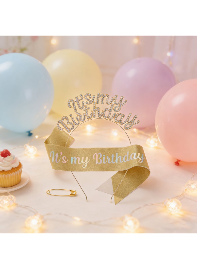 Birthday Sash & Crown for Women - Tiara Headband, Girls' Decorations Accessories,Gold White Rhinestone Birthday Tiara & Crowns for Women & Girls - Image 2