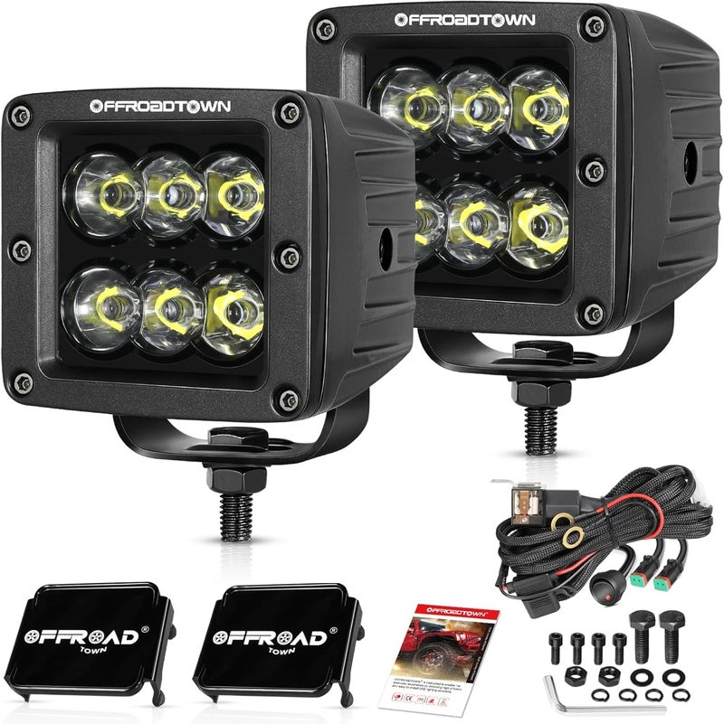 OFFROADTOWN LED Cubes 3inch 120W CREE LED Pods with Wiring Harness and Black Cover Driving Lights Ditch Light Spot Off Road Lights for Truck Pickup UTV ATV SUV Boat 4x4 Car - Image 1