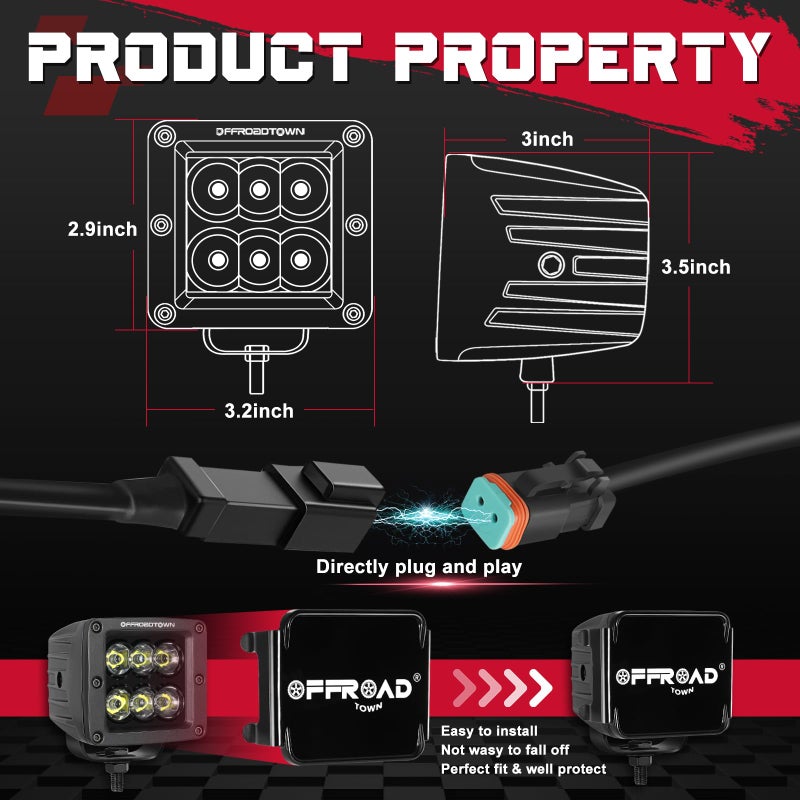 OFFROADTOWN LED Cubes 3inch 120W CREE LED Pods with Wiring Harness and Black Cover Driving Lights Ditch Light Spot Off Road Lights for Truck Pickup UTV ATV SUV Boat 4x4 Car - Image 2