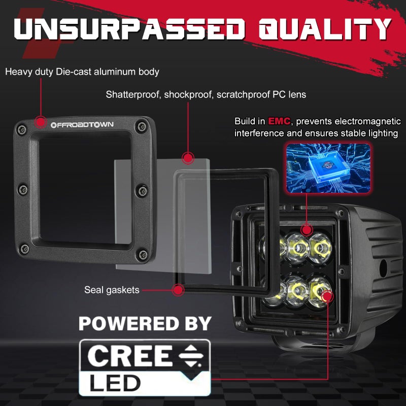OFFROADTOWN LED Cubes 3inch 120W CREE LED Pods with Wiring Harness and Black Cover Driving Lights Ditch Light Spot Off Road Lights for Truck Pickup UTV ATV SUV Boat 4x4 Car - Image 3