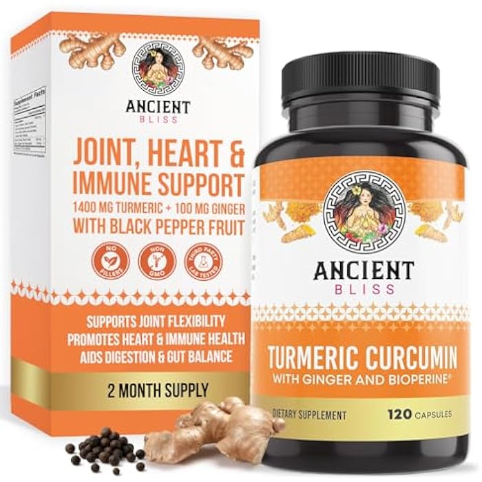 Ancient Bliss Turmeric Curcumin with Ginger & Bioperine, Turmeric Curcumin with Black Pepper & Raw Ginger Root Powder Capsule Supplement by Ancient Bliss (120 Capsules) - Image 1
