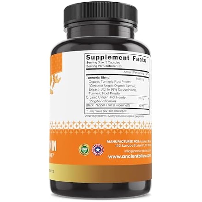 Ancient Bliss Turmeric Curcumin with Ginger & Bioperine, Turmeric Curcumin with Black Pepper & Raw Ginger Root Powder Capsule Supplement by Ancient Bliss (120 Capsules) - Image 3