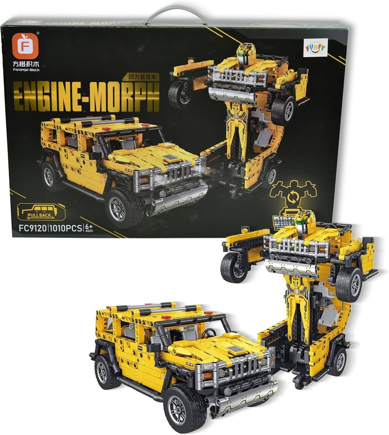 FUNFY FYLGBB01 1010 Pcs 2-in-1 Pull Back Car and Transformer Building Blocks Toy | Yellow | ABS Plastic | This Deformation Car become Transfomer Figure is Perfet for Giftings | Action Figure - Image 1