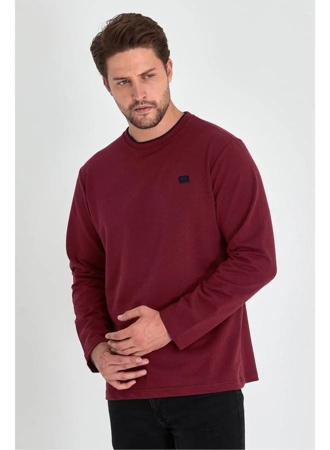 Mmetalic Men’s Burgundy Double Crew Neck Sweatshirt with Detailed Print and Standard Relaxed Fit