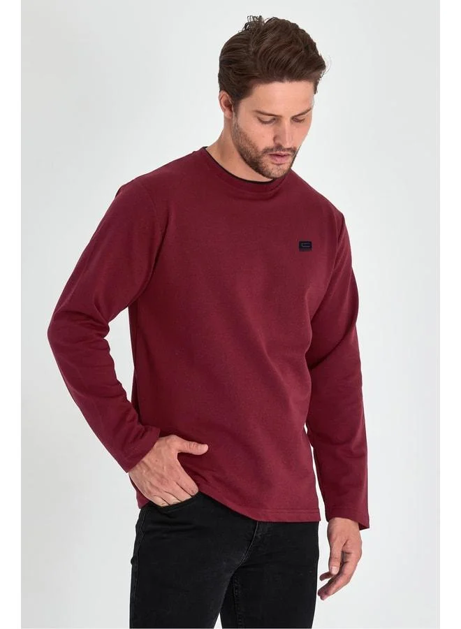Mmetalic Men’s Burgundy Double Crew Neck Sweatshirt with Detailed Print and Standard Relaxed Fit