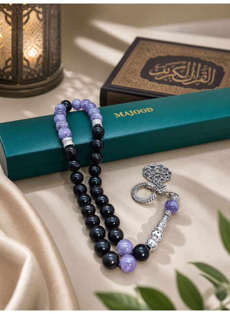 MAJOOD Original Design/33 Natural Amethyst With Ebony Prayer Beads/Tasbih/10 mm - Image 2