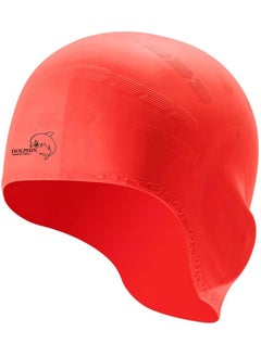 Dolphin Silicone Swim Cap With Ear Protection 3D Waterproof For Adults, Red  - Image 2