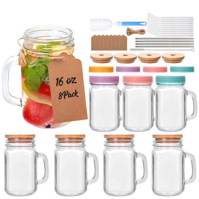 16 oz Mason Jar Cups with HandleMason Jar Cups with Lids and StrawsSet include glass straws stainless steel straws wooden lids plastic lidscup brush straw brushHemp rope tag 8pack