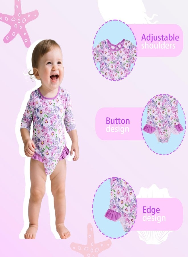 AIDEBIBI Toddler Girl Swimsuit UPF 50+ One-Piece Rash Guard with Button - Long Sleeve Sun Protection Swimwear (US, Age, 3 Months, Lilac) - Image 2