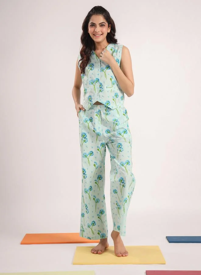 sanskrutihomes Cotton Dandelion Print Top & Straight Pyjama Set by Styli