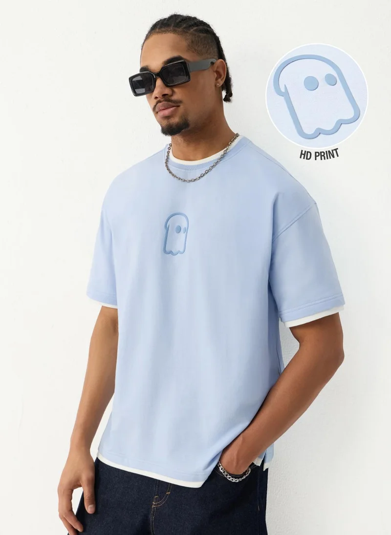 The Souled Store  The Souled Store Souled Originals: Cool Blue Men and Boys Short Sleeves Round Neck Light Blue Graphic Printed Ghost Oversized T-Shirt for Men | Best Price UAE