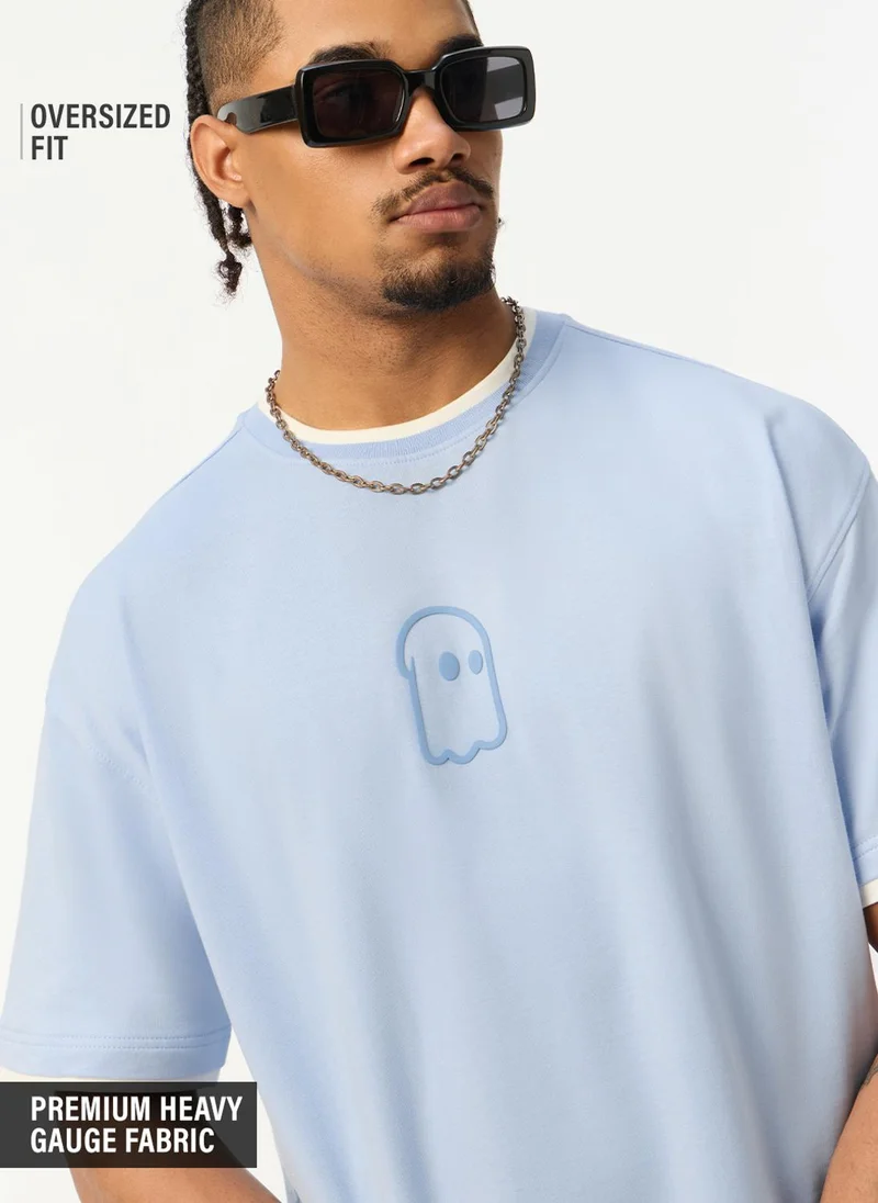 The Souled Store Souled Originals: Cool Blue Men and Boys Short Sleeves Round Neck Light Blue Graphic Printed Ghost Oversized T-Shirt