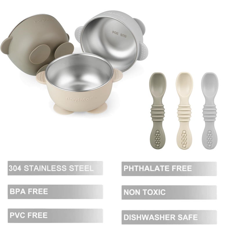 PandaEar 3 Pack Stainless Steel Suction Baby Bowls & 3 Baby Feeding Spoons | Non-Slip Stay Put Bowls & Soft Silicone First Stage Spoons for Toddlers, BPA-Free Baby Led Weaning Set (Linen Brown Grey) - Image 4