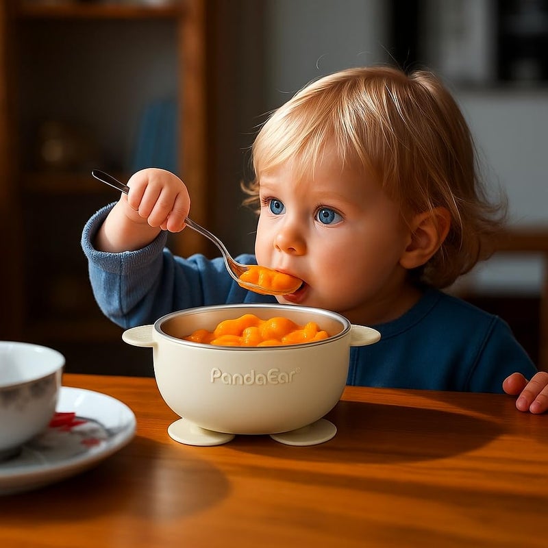 PandaEar 3 Pack Stainless Steel Suction Baby Bowls & 3 Baby Feeding Spoons | Non-Slip Stay Put Bowls & Soft Silicone First Stage Spoons for Toddlers, BPA-Free Baby Led Weaning Set (Linen Brown Grey) - Image 2