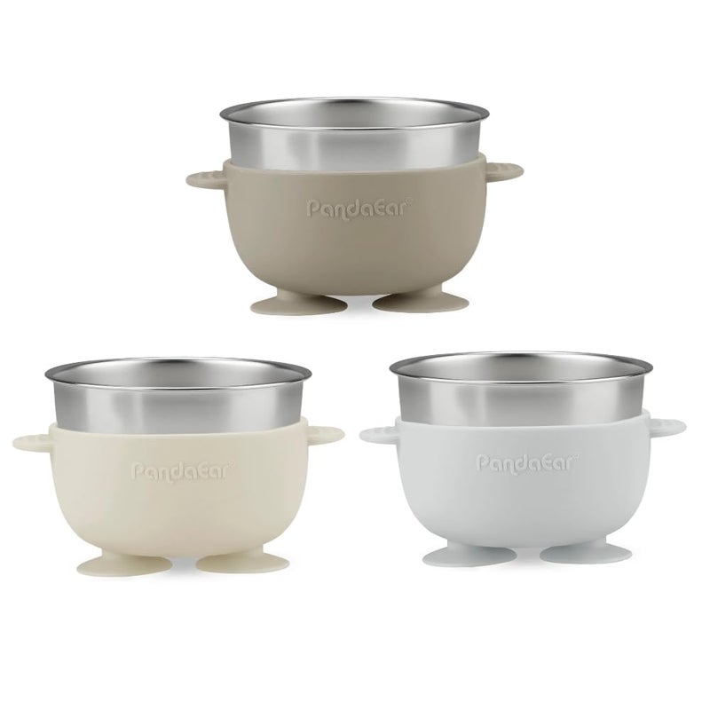 PandaEar 3 Pack Stainless Steel Suction Baby Bowls & 3 Baby Feeding Spoons | Non-Slip Stay Put Bowls & Soft Silicone First Stage Spoons for Toddlers, BPA-Free Baby Led Weaning Set (Linen Brown Grey) - Image 5