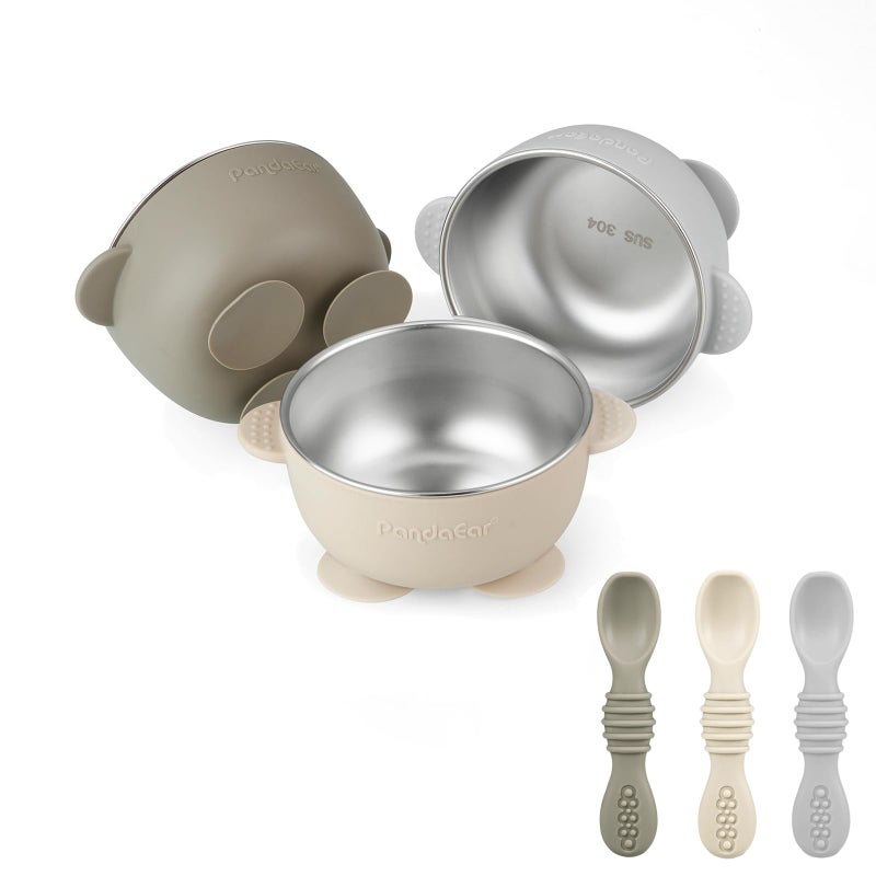 PandaEar 3 Pack Stainless Steel Suction Baby Bowls & 3 Baby Feeding Spoons | Non-Slip Stay Put Bowls & Soft Silicone First Stage Spoons for Toddlers, BPA-Free Baby Led Weaning Set (Linen Brown Grey) - Image 1