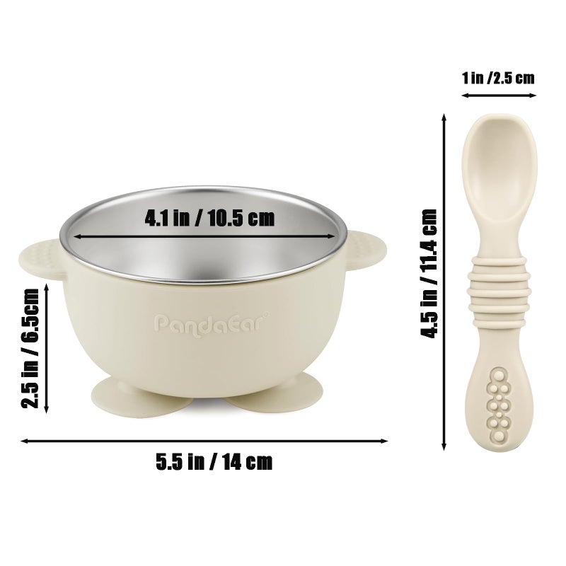 PandaEar 3 Pack Stainless Steel Suction Baby Bowls & 3 Baby Feeding Spoons | Non-Slip Stay Put Bowls & Soft Silicone First Stage Spoons for Toddlers, BPA-Free Baby Led Weaning Set (Linen Brown Grey) - Image 3