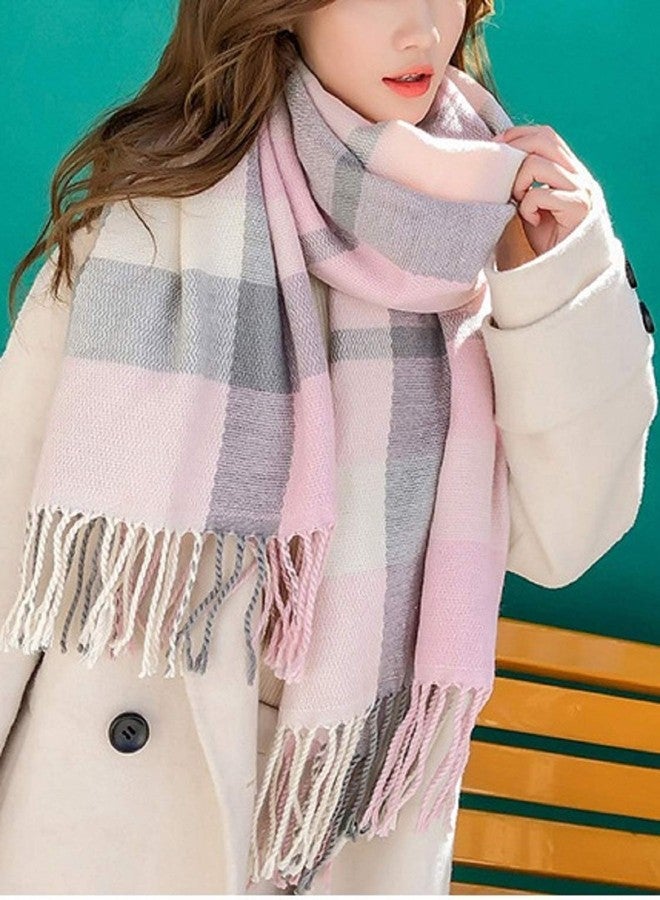 واندر آجيو وشاح نسائي أنيق من واندر أجيو، شال طويل شتوي سميك ودافئ محبوك بنقشة مربعات كبيرة، لون وردي ورمادي، مقاس 2 - Image 5