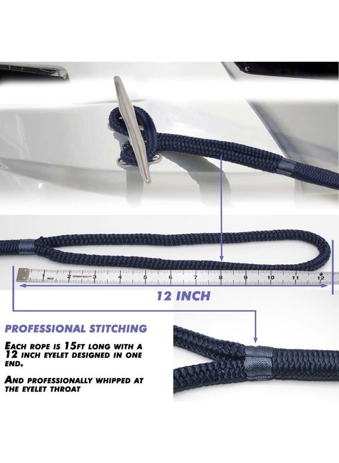 INNOCEDEAR 2 Pack Premium Navy Blue Dock Lines - 15' / 25'/35' with Eyelet.Double Braided Nylon Dock Line/Mooring Lines.Hi-Performance Marine Boats Ropes - Image 4