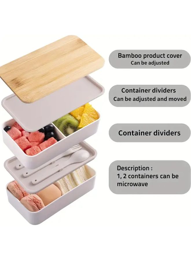 5pcs White Japanese Style Double Layer Lunch Box Set with Insulated Bag and Utensils - Image 5