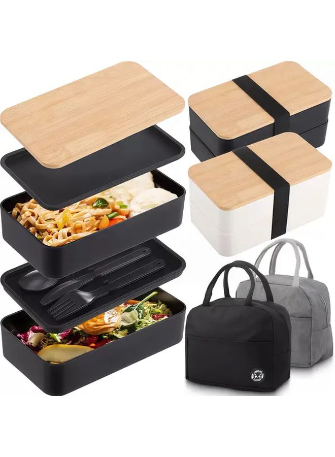 5pcs White Japanese Style Double Layer Lunch Box Set with Insulated Bag and Utensils - Image 1