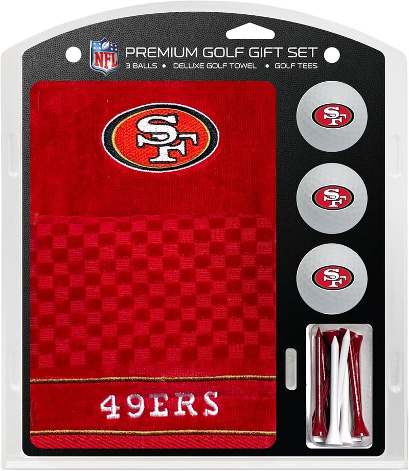 Team Golf طقم هدايا سان فرانسيسكو 49ers من NFL: منشفة جولف مطرزة، 3 كرات جولف، و 14 تي جولف بحجم 2-3/4"، منشفة ثلاثية الطي 16" x 22" و 100% قطن - Image 1