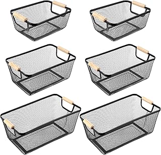 Maxcheck 6 Pack 3 Size Metal Wire Baskets Wooden Handles Steel Mesh Storage Bins Organizer Containers for Home Cabinets - Image 1