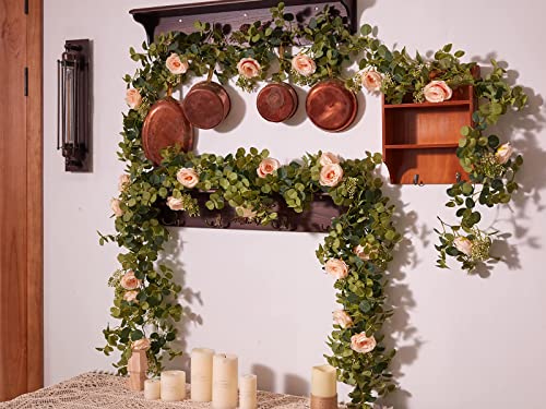 Partyjoy PARTY JOY 6.56ft Eucalyptus Garland with Flowers-8 Pink Roses-Lush,Natural Looking, Floral Garland Greenery for Party Wedding Table Indoor Outdoor Backdrop Wall Decor（Pink,1） - Image 4