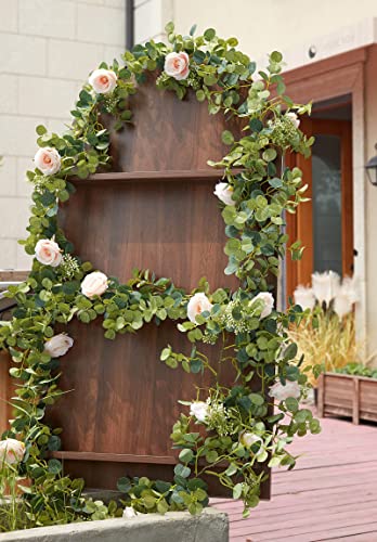 Partyjoy PARTY JOY 6.56ft Eucalyptus Garland with Flowers-8 Pink Roses-Lush,Natural Looking, Floral Garland Greenery for Party Wedding Table Indoor Outdoor Backdrop Wall Decor（Pink,1） - Image 3