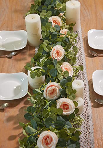 Partyjoy PARTY JOY 6.56ft Eucalyptus Garland with Flowers-8 Pink Roses-Lush,Natural Looking, Floral Garland Greenery for Party Wedding Table Indoor Outdoor Backdrop Wall Decor（Pink,1） - Image 1
