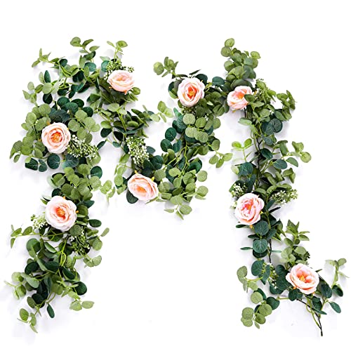 Partyjoy PARTY JOY 6.56ft Eucalyptus Garland with Flowers-8 Pink Roses-Lush,Natural Looking, Floral Garland Greenery for Party Wedding Table Indoor Outdoor Backdrop Wall Decor（Pink,1） - Image 2