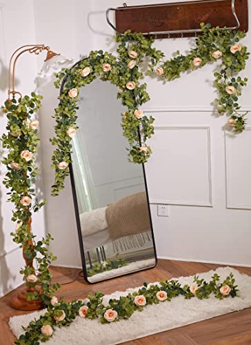 Partyjoy PARTY JOY 6.56ft Eucalyptus Garland with Flowers-8 Pink Roses-Lush,Natural Looking, Floral Garland Greenery for Party Wedding Table Indoor Outdoor Backdrop Wall Decor（Pink,1） - Image 5