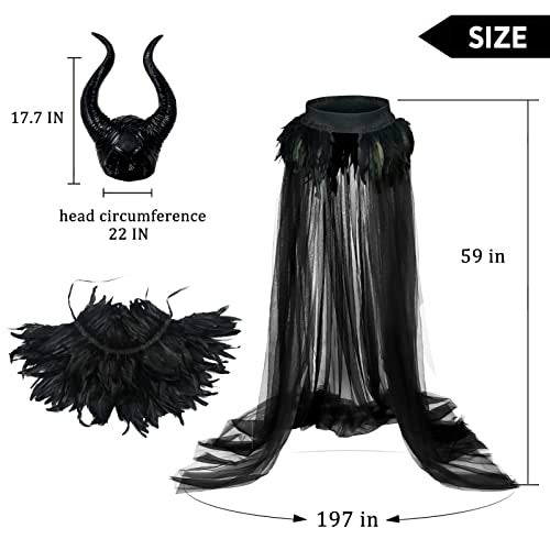UQJE Black Gothic Witch Costume Raven Costume Halloween Feather Shawl Mesh Cape with Horns Set - Image 2