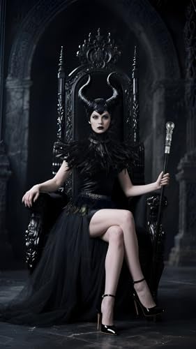 UQJE Black Gothic Witch Costume Raven Costume Halloween Feather Shawl Mesh Cape with Horns Set - Image 4