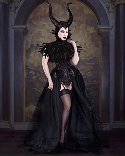 UQJE Black Gothic Witch Costume Raven Costume Halloween Feather Shawl Mesh Cape with Horns Set - Image 3