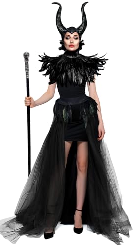 UQJE Black Gothic Witch Costume Raven Costume Halloween Feather Shawl Mesh Cape with Horns Set - Image 1