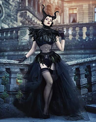 UQJE Black Gothic Witch Costume Raven Costume Halloween Feather Shawl Mesh Cape with Horns Set - Image 5