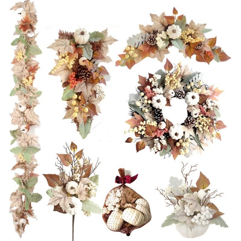 Farmhouse Thanksgiving Maple Leaf Berry White Pumpkin Wreath Set - Image 1