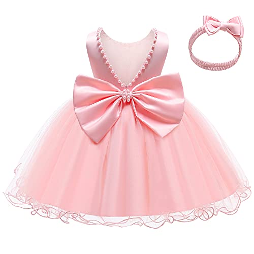 LZH Baby Girls Dresses Ruffle lace Backless with Headwear,Baby Girl Birthday Dress,Baby Girl Baptism Dress Party Wedding Pink - Image 1