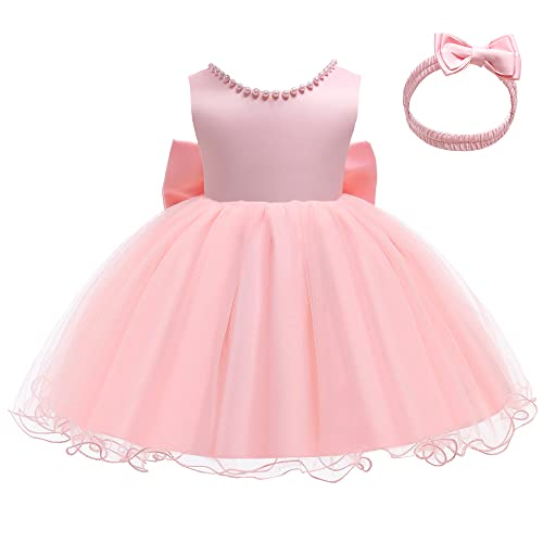 LZH Baby Girls Dresses Ruffle lace Backless with Headwear,Baby Girl Birthday Dress,Baby Girl Baptism Dress Party Wedding Pink - Image 4