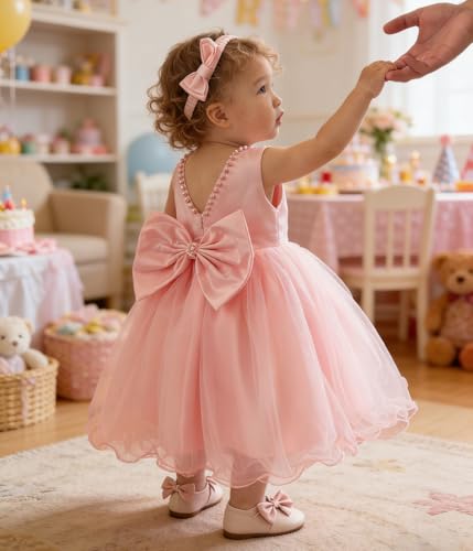 LZH Baby Girls Dresses Ruffle lace Backless with Headwear,Baby Girl Birthday Dress,Baby Girl Baptism Dress Party Wedding Pink - Image 3
