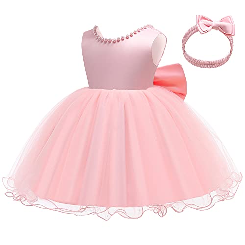 LZH Baby Girls Dresses Ruffle lace Backless with Headwear,Baby Girl Birthday Dress,Baby Girl Baptism Dress Party Wedding Pink - Image 5