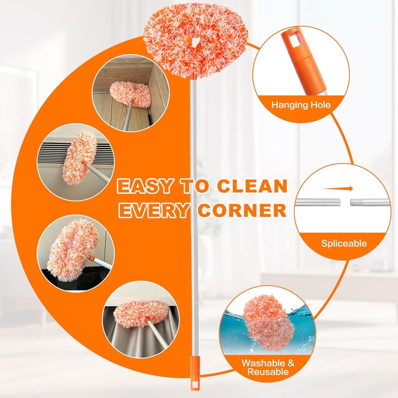 Heonay Ceiling Fan Cleaner Duster Reusable Microfiber Ceiling Fan Blade Cleaner Removable Duster with Extension Pole Adjusts 13 to 49.7 Inch for Cleaning Walls Furniture Door Window Top (Orange White) - Image 3