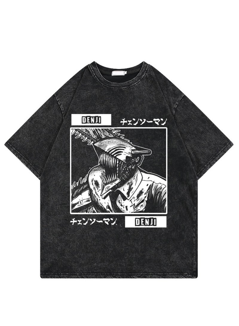 Washed retro T-shirt street hip hop anime chainsaw man casual cotton summer short sleeves - Image 1