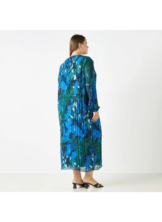 Ulla Popken Plus Size Ulla Popken All-Over Print Dress with Long Sleeves