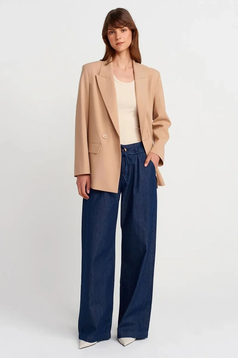 Dilvin Beige Natural DILVIN Long Crepe Blazer Jacket for Women | Best Price UAE