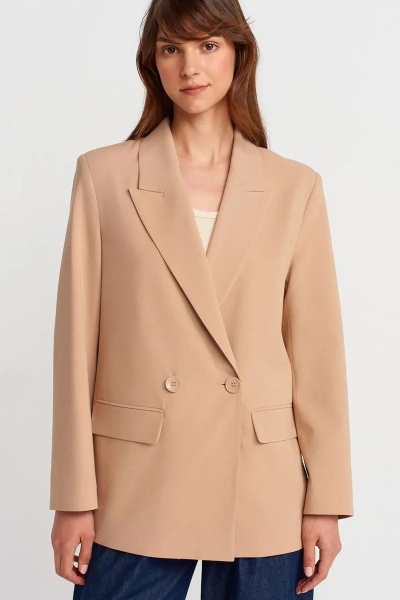 Dilvin Beige Natural DILVIN Long Crepe Blazer Jacket for Women | Best Price UAE