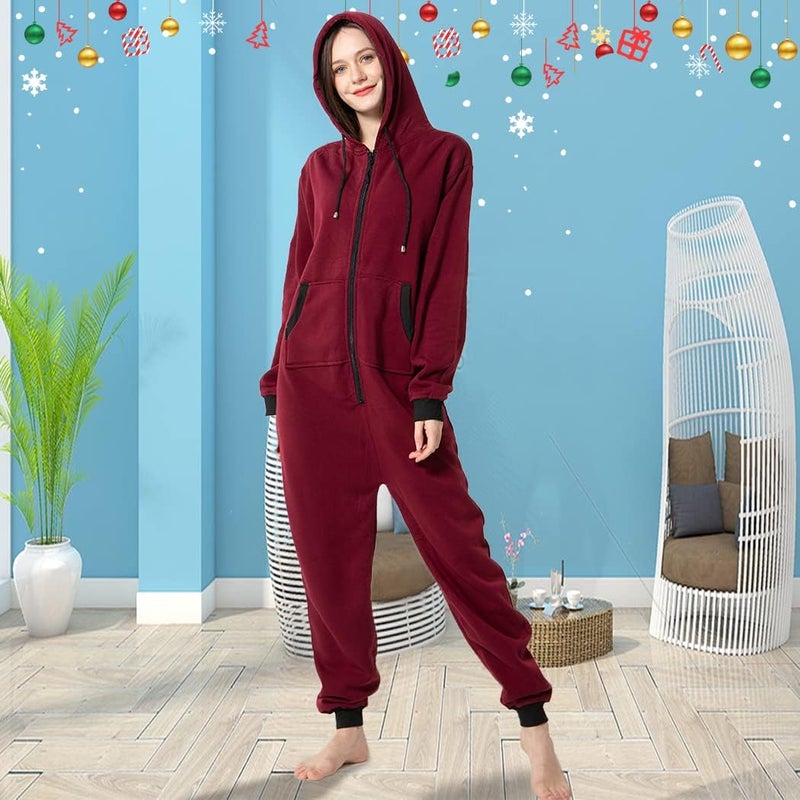 Laahoem Unisex Adult Pajamas Hooded Men Women Jumpsuit Zip Sportwear Dark Red Black Zipper XL - Image 2